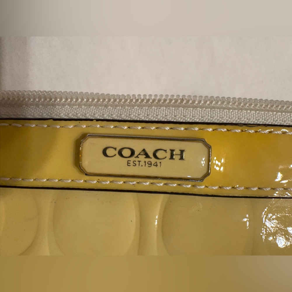Coach Glossy Yellow Embossed Large Wristlet with Blue Satin Interior - Picture 3 of 7